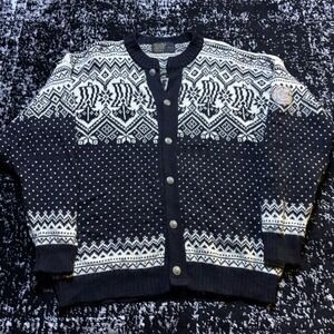 Devold of Norway Vintage Nordic Wool Cardigan Viking Ship Black Cream Mens XL